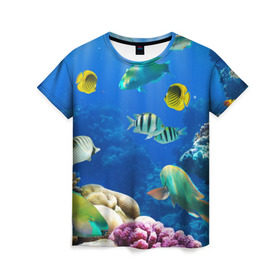 Женская футболка 3D с принтом Дайвинг в Санкт-Петербурге, 100% полиэфир ( синтетическое хлопкоподобное полотно) | прямой крой, круглый вырез горловины, длина до линии бедер | Тематика изображения на принте: дайвинг | египет | каникулы | коралловый риф | крабы | красное море | море | морские обитатели | океан | отдых | отпуск | подводные красоты | приключение | рыбки | рыбы | туризм
