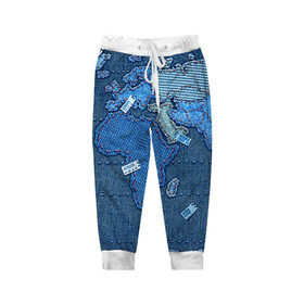 Детские брюки 3D с принтом Джинсовый 4 в Санкт-Петербурге, 100% полиэстер | манжеты по низу, эластичный пояс регулируется шнурком, по бокам два кармана без застежек, внутренняя часть кармана из мелкой сетки | Тематика изображения на принте: джинсовый | джинсы | карта | мир