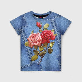 Детская футболка 3D с принтом Джинсовый 15 в Санкт-Петербурге, 100% гипоаллергенный полиэфир | прямой крой, круглый вырез горловины, длина до линии бедер, чуть спущенное плечо, ткань немного тянется | Тематика изображения на принте: джинсовый | джинсы | цветы