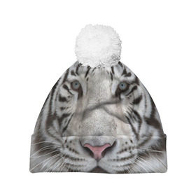 Шапка 3D c помпоном с принтом Бенгальский тигр в Санкт-Петербурге, 100% полиэстер | универсальный размер, печать по всей поверхности изделия | tiger | белый | дикая кошка | тигр | хищник