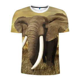 Мужская футболка 3D спортивная с принтом Могучий слон в Санкт-Петербурге, 100% полиэстер с улучшенными характеристиками | приталенный силуэт, круглая горловина, широкие плечи, сужается к линии бедра | elephant | африка | бивни | джунгли | мамонт | савана | сафари | слон | хобот