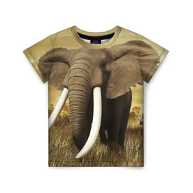Детская футболка 3D с принтом Могучий слон в Санкт-Петербурге, 100% гипоаллергенный полиэфир | прямой крой, круглый вырез горловины, длина до линии бедер, чуть спущенное плечо, ткань немного тянется | elephant | африка | бивни | джунгли | мамонт | савана | сафари | слон | хобот