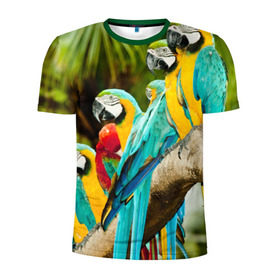 Мужская футболка 3D спортивная с принтом Попугаи на ветке в Санкт-Петербурге, 100% полиэстер с улучшенными характеристиками | приталенный силуэт, круглая горловина, широкие плечи, сужается к линии бедра | джунгли | клюв | острова | перья | попугай | птица | тропики | экзотика