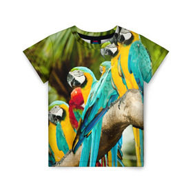 Детская футболка 3D с принтом Попугаи на ветке в Санкт-Петербурге, 100% гипоаллергенный полиэфир | прямой крой, круглый вырез горловины, длина до линии бедер, чуть спущенное плечо, ткань немного тянется | джунгли | клюв | острова | перья | попугай | птица | тропики | экзотика