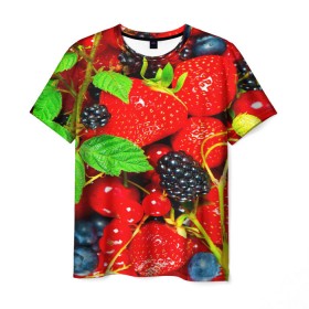 Мужская футболка 3D с принтом Ягоды в Санкт-Петербурге, 100% полиэфир | прямой крой, круглый вырез горловины, длина до линии бедер | Тематика изображения на принте: малина | ягода | ягодка | ягодная