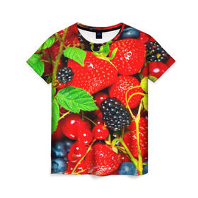 Женская футболка 3D с принтом Ягоды в Санкт-Петербурге, 100% полиэфир ( синтетическое хлопкоподобное полотно) | прямой крой, круглый вырез горловины, длина до линии бедер | малина | ягода | ягодка | ягодная