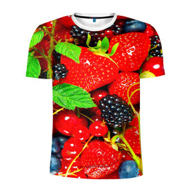 Мужская футболка 3D спортивная с принтом Ягоды в Санкт-Петербурге, 100% полиэстер с улучшенными характеристиками | приталенный силуэт, круглая горловина, широкие плечи, сужается к линии бедра | Тематика изображения на принте: малина | ягода | ягодка | ягодная