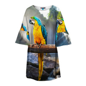 Детское платье 3D с принтом Экзотические попугаи в Санкт-Петербурге, 100% полиэстер | прямой силуэт, чуть расширенный к низу. Круглая горловина, на рукавах — воланы | джунгли | клюв | острова | перья | попугай | птица | тропики | экзотика