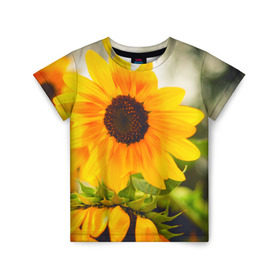 Детская футболка 3D с принтом Подсолнухи в Санкт-Петербурге, 100% гипоаллергенный полиэфир | прямой крой, круглый вырез горловины, длина до линии бедер, чуть спущенное плечо, ткань немного тянется | лето | подсолнух | солнце | цветы