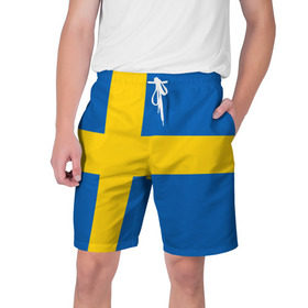 Мужские шорты 3D с принтом Швеция в Санкт-Петербурге,  полиэстер 100% | прямой крой, два кармана без застежек по бокам. Мягкая трикотажная резинка на поясе, внутри которой широкие завязки. Длина чуть выше колен | сборная | футбол