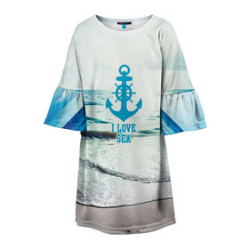 Детское платье 3D с принтом I love sea в Санкт-Петербурге, 100% полиэстер | прямой силуэт, чуть расширенный к низу. Круглая горловина, на рукавах — воланы | sea | вода | волны | лето | море | океан | солнце | якорь