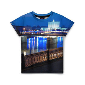 Детская футболка 3D с принтом Москва в Санкт-Петербурге, 100% гипоаллергенный полиэфир | прямой крой, круглый вырез горловины, длина до линии бедер, чуть спущенное плечо, ткань немного тянется | Тематика изображения на принте: moscow | город | ночной | пейзаж