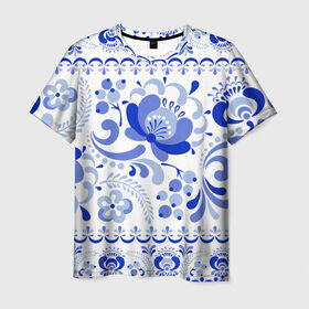 Мужская футболка 3D с принтом Гжель 2 в Санкт-Петербурге, 100% полиэфир | прямой крой, круглый вырез горловины, длина до линии бедер | роспись | россия | русь | узор