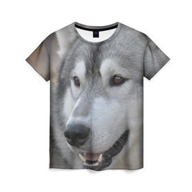 Женская футболка 3D с принтом Хаски в Санкт-Петербурге, 100% полиэфир ( синтетическое хлопкоподобное полотно) | прямой крой, круглый вырез горловины, длина до линии бедер | собака | собаки | хаски