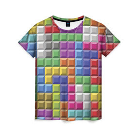 Женская футболка 3D с принтом Цветной тетрис в Санкт-Петербурге, 100% полиэфир ( синтетическое хлопкоподобное полотно) | прямой крой, круглый вырез горловины, длина до линии бедер | тетрис