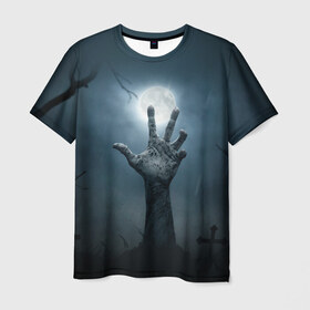 Мужская футболка 3D с принтом Рука зомби в Санкт-Петербурге, 100% полиэфир | прямой крой, круглый вырез горловины, длина до линии бедер | кладбище | луна | мертвец