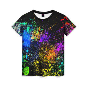 Женская футболка 3D с принтом Брызги красок в Санкт-Петербурге, 100% полиэфир ( синтетическое хлопкоподобное полотно) | прямой крой, круглый вырез горловины, длина до линии бедер | кляксы | цветной | яркий
