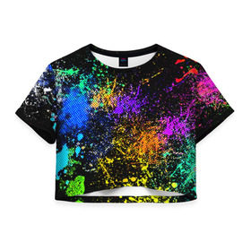 Женская футболка 3D укороченная с принтом Брызги красок в Санкт-Петербурге, 100% полиэстер | круглая горловина, длина футболки до линии талии, рукава с отворотами | кляксы | цветной | яркий