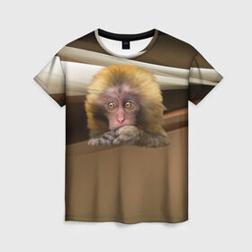 Женская футболка 3D с принтом Мартышка в Санкт-Петербурге, 100% полиэфир ( синтетическое хлопкоподобное полотно) | прямой крой, круглый вырез горловины, длина до линии бедер | голова животного | мартышка | обезьяна | прикольные картинки