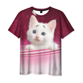 Мужская футболка 3D с принтом Белый котёнок в Санкт-Петербурге, 100% полиэфир | прямой крой, круглый вырез горловины, длина до линии бедер | Тематика изображения на принте: киска | кот | котёнок | кошка | прикольные картинки
