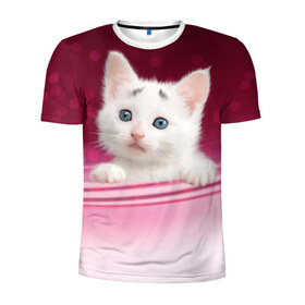 Мужская футболка 3D спортивная с принтом Белый котёнок в Санкт-Петербурге, 100% полиэстер с улучшенными характеристиками | приталенный силуэт, круглая горловина, широкие плечи, сужается к линии бедра | киска | кот | котёнок | кошка | прикольные картинки