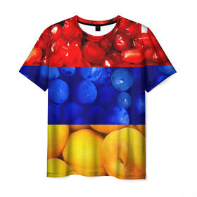 Мужская футболка 3D с принтом Флаг Армении в Санкт-Петербурге, 100% полиэфир | прямой крой, круглый вырез горловины, длина до линии бедер | Тематика изображения на принте: армения | гранат | персик | слива | страны | флаг армении | фрукты