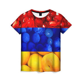 Женская футболка 3D с принтом Флаг Армении в Санкт-Петербурге, 100% полиэфир ( синтетическое хлопкоподобное полотно) | прямой крой, круглый вырез горловины, длина до линии бедер | армения | гранат | персик | слива | страны | флаг армении | фрукты