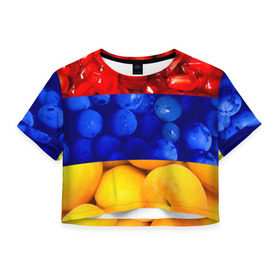 Женская футболка 3D укороченная с принтом Флаг Армении в Санкт-Петербурге, 100% полиэстер | круглая горловина, длина футболки до линии талии, рукава с отворотами | армения | гранат | персик | слива | страны | флаг армении | фрукты