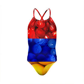 Детский купальник 3D с принтом Флаг Армении в Санкт-Петербурге, Полиэстер 85%, Спандекс 15% | Слитный крой, подклад по переду изделия, узкие бретели | армения | гранат | персик | слива | страны | флаг армении | фрукты
