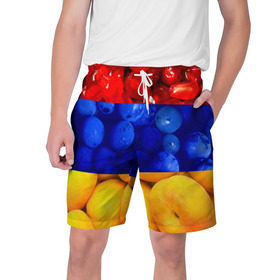 Мужские шорты 3D с принтом Флаг Армении в Санкт-Петербурге,  полиэстер 100% | прямой крой, два кармана без застежек по бокам. Мягкая трикотажная резинка на поясе, внутри которой широкие завязки. Длина чуть выше колен | армения | гранат | персик | слива | страны | флаг армении | фрукты