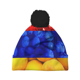 Шапка 3D c помпоном с принтом Флаг Армении в Санкт-Петербурге, 100% полиэстер | универсальный размер, печать по всей поверхности изделия | Тематика изображения на принте: армения | гранат | персик | слива | страны | флаг армении | фрукты