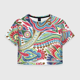 Женская футболка 3D укороченная с принтом Хохлома красками в Санкт-Петербурге, 100% полиэстер | круглая горловина, длина футболки до линии талии, рукава с отворотами | народный | орнамент | роспись | традиционный