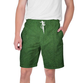 Мужские шорты 3D с принтом Snake в Санкт-Петербурге,  полиэстер 100% | прямой крой, два кармана без застежек по бокам. Мягкая трикотажная резинка на поясе, внутри которой широкие завязки. Длина чуть выше колен | Тематика изображения на принте: зеленый | змея | кожа | текстура