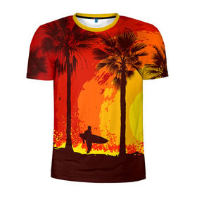 Мужская футболка 3D спортивная с принтом Summer Surf в Санкт-Петербурге, 100% полиэстер с улучшенными характеристиками | приталенный силуэт, круглая горловина, широкие плечи, сужается к линии бедра | закат | лето | пейзаж | серфинг | тропики