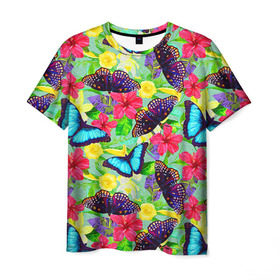 Мужская футболка 3D с принтом Summer Butterflies в Санкт-Петербурге, 100% полиэфир | прямой крой, круглый вырез горловины, длина до линии бедер | Тематика изображения на принте: бабочки | лето | пестрый | разноцветный