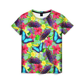 Женская футболка 3D с принтом Summer Butterflies в Санкт-Петербурге, 100% полиэфир ( синтетическое хлопкоподобное полотно) | прямой крой, круглый вырез горловины, длина до линии бедер | бабочки | лето | пестрый | разноцветный