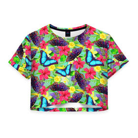 Женская футболка 3D укороченная с принтом Summer Butterflies в Санкт-Петербурге, 100% полиэстер | круглая горловина, длина футболки до линии талии, рукава с отворотами | Тематика изображения на принте: бабочки | лето | пестрый | разноцветный