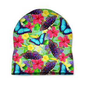 Шапка 3D с принтом Summer Butterflies в Санкт-Петербурге, 100% полиэстер | универсальный размер, печать по всей поверхности изделия | Тематика изображения на принте: бабочки | лето | пестрый | разноцветный