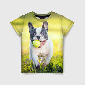 Детская футболка 3D с принтом Бульдог в Санкт-Петербурге, 100% гипоаллергенный полиэфир | прямой крой, круглый вырез горловины, длина до линии бедер, чуть спущенное плечо, ткань немного тянется | Тематика изображения на принте: бульдог | лето | мячик | радость | собака | солнце
