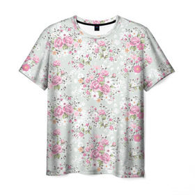 Мужская футболка 3D с принтом Flower pattern в Санкт-Петербурге, 100% полиэфир | прямой крой, круглый вырез горловины, длина до линии бедер | белый | паттерн | розовый | цветы