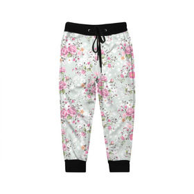Детские брюки 3D с принтом Flower pattern в Санкт-Петербурге, 100% полиэстер | манжеты по низу, эластичный пояс регулируется шнурком, по бокам два кармана без застежек, внутренняя часть кармана из мелкой сетки | белый | паттерн | розовый | цветы