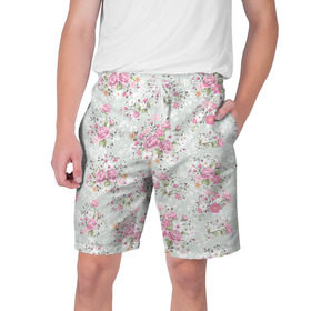 Мужские шорты 3D с принтом Flower pattern в Санкт-Петербурге,  полиэстер 100% | прямой крой, два кармана без застежек по бокам. Мягкая трикотажная резинка на поясе, внутри которой широкие завязки. Длина чуть выше колен | белый | паттерн | розовый | цветы