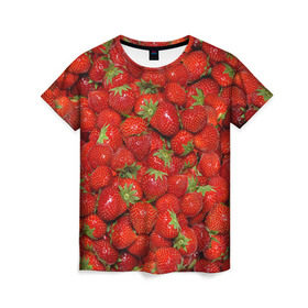 Женская футболка 3D с принтом Клубнички в Санкт-Петербурге, 100% полиэфир ( синтетическое хлопкоподобное полотно) | прямой крой, круглый вырез горловины, длина до линии бедер | красный | летний | фото | ягода