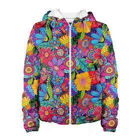 Женская куртка 3D с принтом Яркие цветы в Санкт-Петербурге, ткань верха — 100% полиэстер, подклад — флис | прямой крой, подол и капюшон оформлены резинкой с фиксаторами, два кармана без застежек по бокам, один большой потайной карман на груди. Карман на груди застегивается на липучку | летний | разноцветный | цветы | яркий