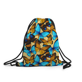 Рюкзак-мешок 3D с принтом Бабочки в Санкт-Петербурге, 100% полиэстер | плотность ткани — 200 г/м2, размер — 35 х 45 см; лямки — толстые шнурки, застежка на шнуровке, без карманов и подкладки | коричневый | синий