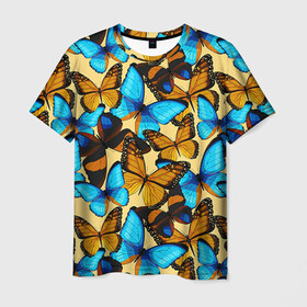 Мужская футболка 3D с принтом Бабочки в Санкт-Петербурге, 100% полиэфир | прямой крой, круглый вырез горловины, длина до линии бедер | коричневый | синий