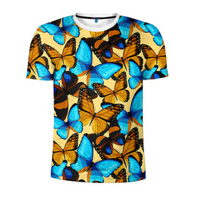 Мужская футболка 3D спортивная с принтом Бабочки в Санкт-Петербурге, 100% полиэстер с улучшенными характеристиками | приталенный силуэт, круглая горловина, широкие плечи, сужается к линии бедра | коричневый | синий