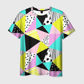 Мужская футболка 3D с принтом Треугольнички в Санкт-Петербурге, 100% полиэфир | прямой крой, круглый вырез горловины, длина до линии бедер | лоскутное шитье | полигоны | разноцветный | яркий