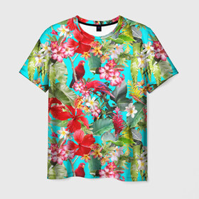 Мужская футболка 3D с принтом Тропический мир в Санкт-Петербурге, 100% полиэфир | прямой крой, круглый вырез горловины, длина до линии бедер | паттерн | разноцветный | тропики | цветы | яркий