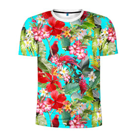 Мужская футболка 3D спортивная с принтом Тропический мир в Санкт-Петербурге, 100% полиэстер с улучшенными характеристиками | приталенный силуэт, круглая горловина, широкие плечи, сужается к линии бедра | Тематика изображения на принте: паттерн | разноцветный | тропики | цветы | яркий